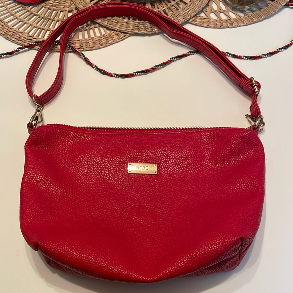 BCBG Paris Red Gold Purse Pebbled Leather Adjustable‎ Shoulder Satchel